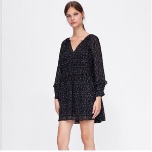 Zara Floral Swiss Dot Dress Sheer Black Long Sleeve Women’s Size Small